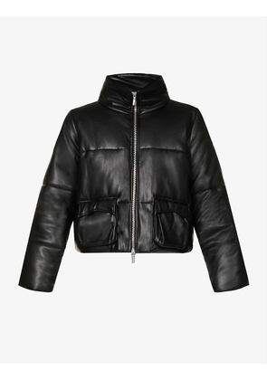 Logo-embossed boxy-fit padded faux-leather jacket