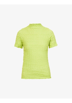 Wrinkle-textured high-neck stretch-woven top