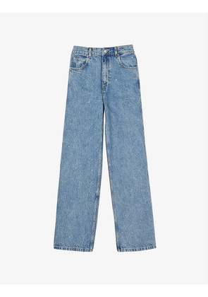 Holiday rhinestone-embellished mid-rise straight-leg denim jeans
