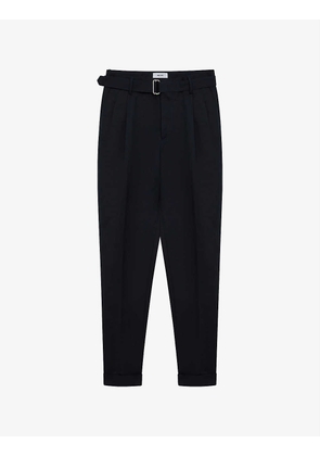 Crease belted slim-fit tapered woven trousers