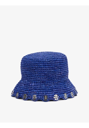 Disc-embellished raffia bucket hat