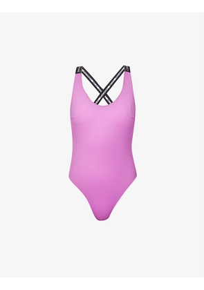 Brand-print cross-back recycled nylon-blend swimsuit