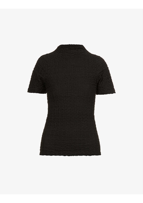 Wrinkle-textured high-neck stretch-woven top