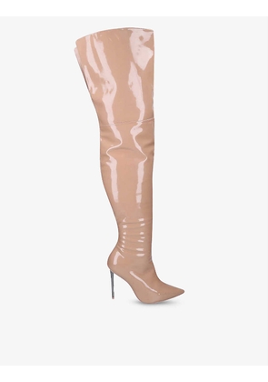 Sharp pointed faux-leather knee boots