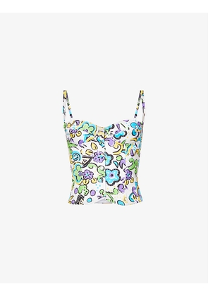 Graphic-print sweetheart-neck cotton bustier top