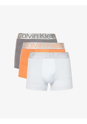 Branded-waistband fitted pack of three stretch-cotton trunks