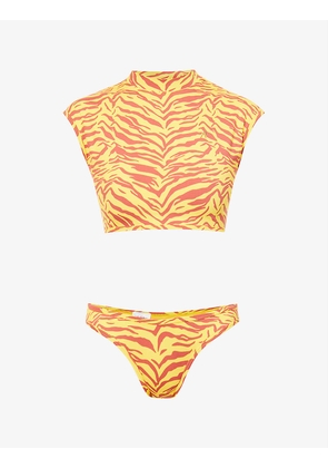 Zebra-print rhinestone-embellished bikini set