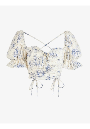 Floral-embroidered cropped woven top