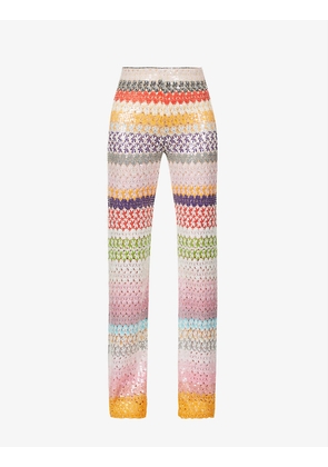 Sequin-embroidered straight-leg high-rise woven trousers