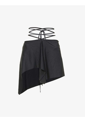 Asymmetric-hem raw-trim mini swim skirt