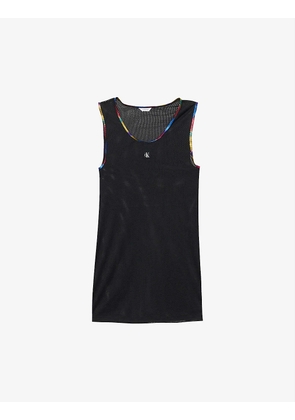 Printed-trim relaxed-fit woven mesh tank top