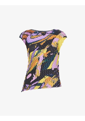 Abstract-print pleated stretch-woven top