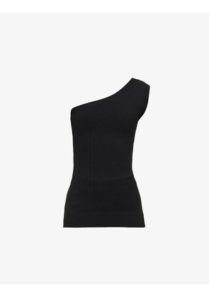 Asymmetric brand-embroidered stretch-woven top