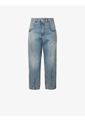 Contrast-stitch faded-wash tapered high-rise jeans
