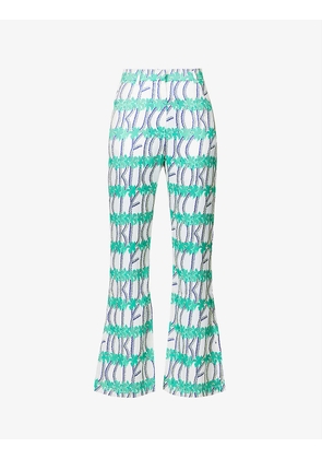 Palm graphic-print flared-leg mid-rise woven trousers