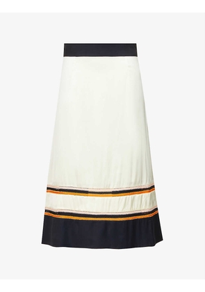 Horizon contrast-stripe mid-rise satin midi skirt