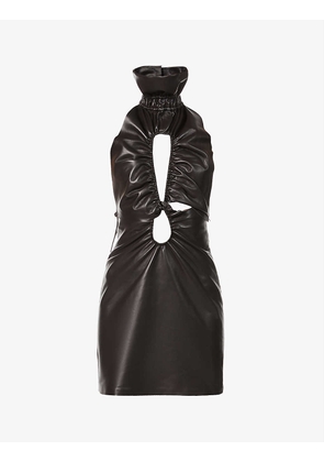 Ruched halterneck leather mini dress