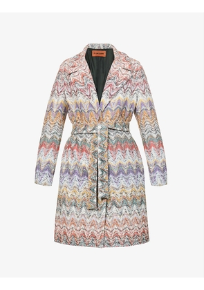 Chevron-pattern self-tie regular-fit wool-blend coat