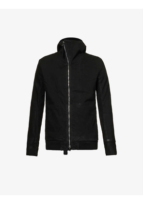 High-collar asymmetric-zip cotton-blend hooded jacket