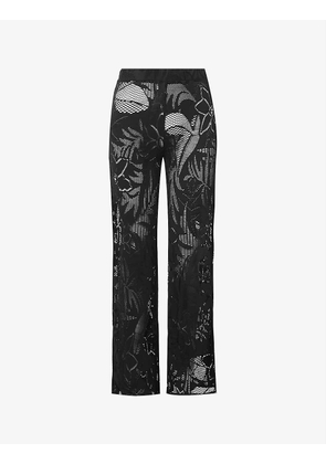Island leaf-print wide-leg high-rise stretch-woven trousers