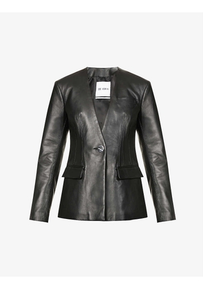 Collarless single-breasted leather blazer