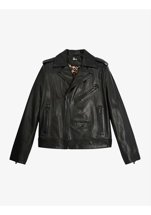 Wide-collar buttoned-epaulette relaxed-fit leather jacket