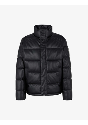 Logo-embossed puffer regular-fit faux-leather hooded jacket