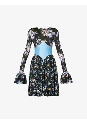 Floral-print contrast-panel stretch-crepe mini dress