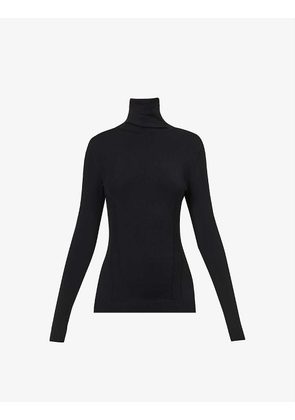 Turtleneck ribbed stretch-woven top