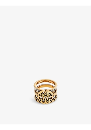 Seal rhinestone-embellished gold-toned brass ring