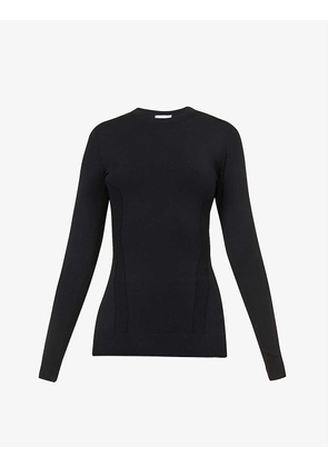 Ribbed long-sleeve stretch-woven top