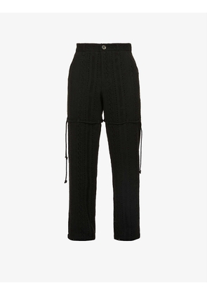 Dress tie-embellished relaxed-fit straight-leg cotton-blend trousers