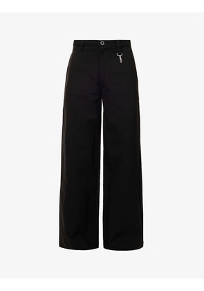Carabiner-embellished welt-pocket wide-leg relaxed-fit twill trousers