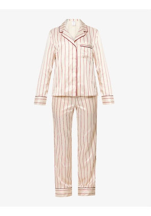 Stripe-pattern contrast-piping satin pyjamas