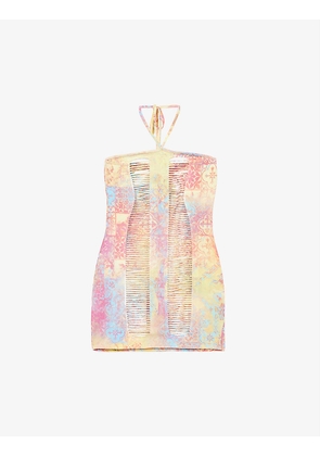 Cut-out abstract-print stretch-woven mini dress