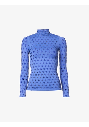 Perforated turtleneck stretch-woven top