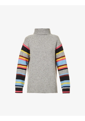 Roll-neck striped-sleeve wool-blend knitted jumper