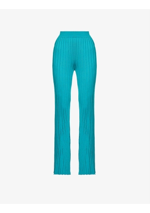 Ribbed flared-leg high-rise woven trousers