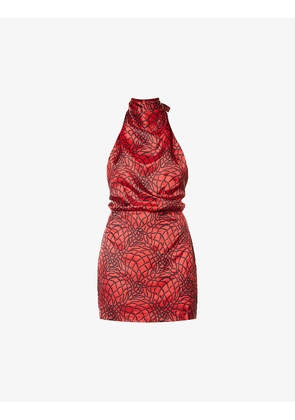 Vocaloid pattern-printed halterneck woven mini dress