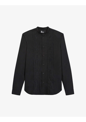 Stripe-embroidered straight-hem regular-fit cotton shirt