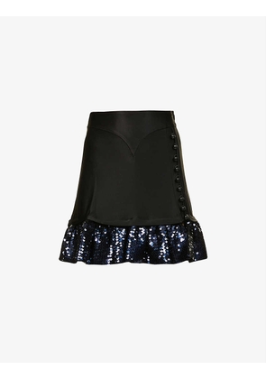Sequin-embellished ruffle-hem stretch-woven mini skirt