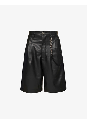 Pleated detachable-chain faux-leather shorts
