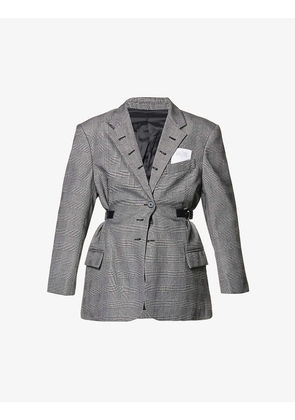 Plaid-pattern padded-shoulder regular-fit stretch-woven jacket