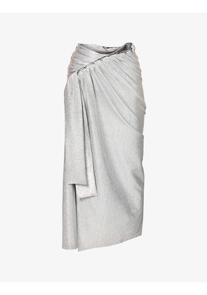 Ruched asymmetric-hem stretch-woven midi skirt
