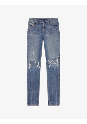 Distressed faded-wash regular-fit straight-leg cotton-blend jeans
