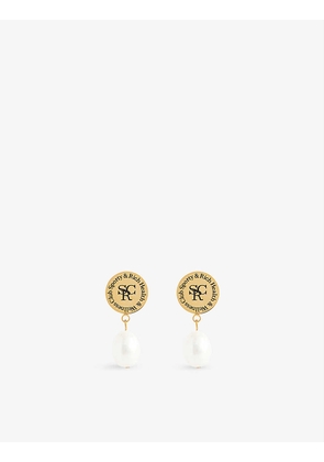 Brand-engraved brass and pearl earrings