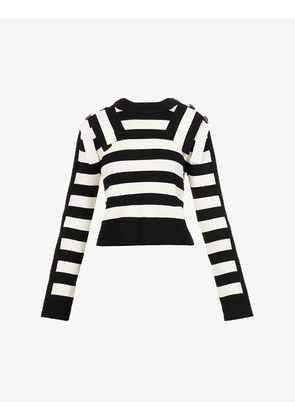Striped button-embellished wool-blend jumper