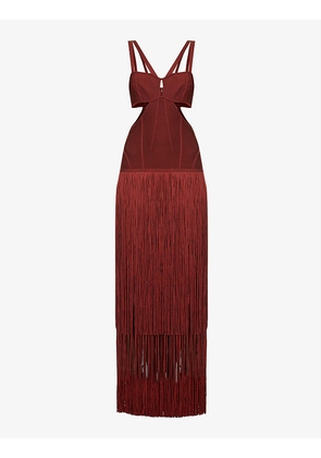 Fringed-hem cut-out recycled rayon-blend gown