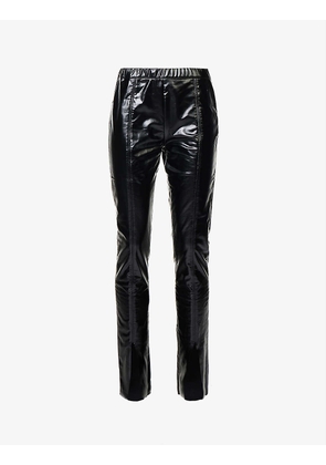 Split-hem slim-leg mid-rise faux-leather trousers
