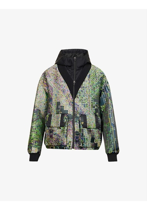 Abstract-print brand-embroidered boxy-fit shell jacket